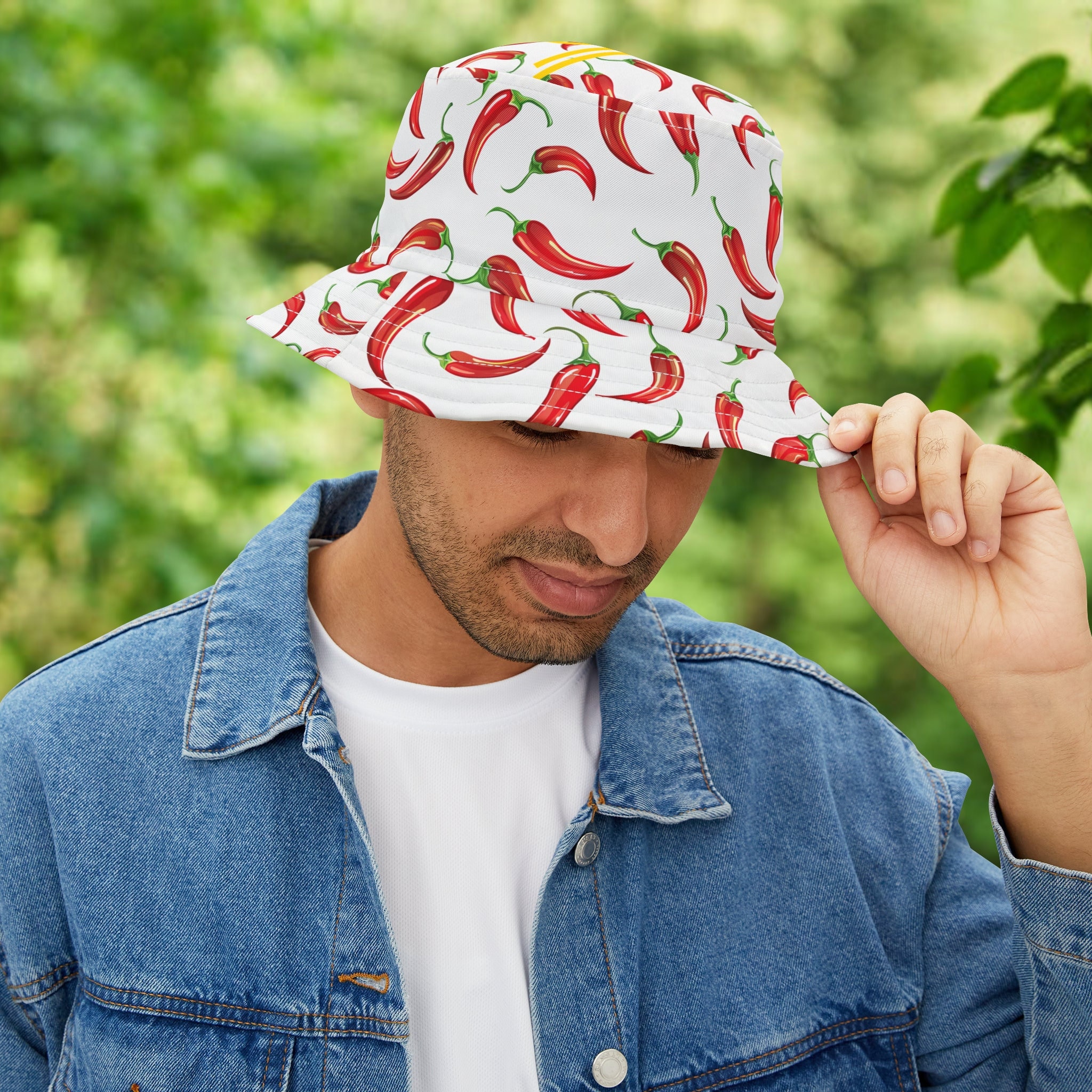 Dolls Kill White Bucket Hat with Red Chili Pepper Print Payin main image 3