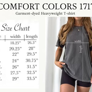 Peut inclure: Tableau des tailles pour un t-shirt lourd teint&eacute; en pi&egrave;ce. Le tableau indique les mesures de largeur et de longueur en pouces pour les tailles S &agrave; 4XL.