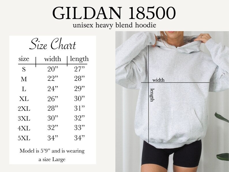 Puede incluir: Tabla de tallas para una sudadera con capucha unisex Gildan 18500 de mezcla pesada. La tabla muestra el ancho y la longitud en pulgadas para las tallas S a 5XL. Una modelo lleva una sudadera con capucha talla L.