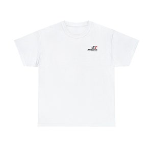 May include: White t-shirt with a black and red McLaren logo on the chest. The logo features a checkered flag and the word "McLaren" in black text.