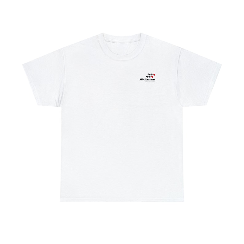 May include: White t-shirt with a black and red McLaren logo on the chest. The logo features a checkered flag and the word "McLaren" in black text.