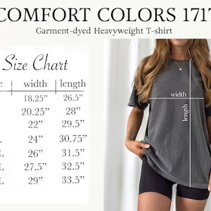 May include: Size chart for a garment-dyed heavyweight t-shirt. The chart shows the width and length measurements in inches for sizes S through 4XL.