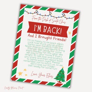 Carta imprimible del duende navideño "He vuelto con mis amigos"
