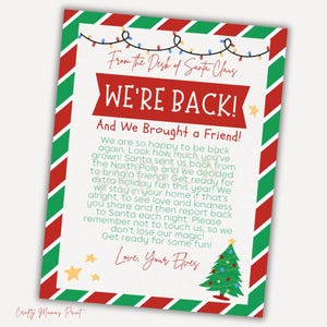 Carta imprimible "Hemos vuelto con un amigo" del duende navideño