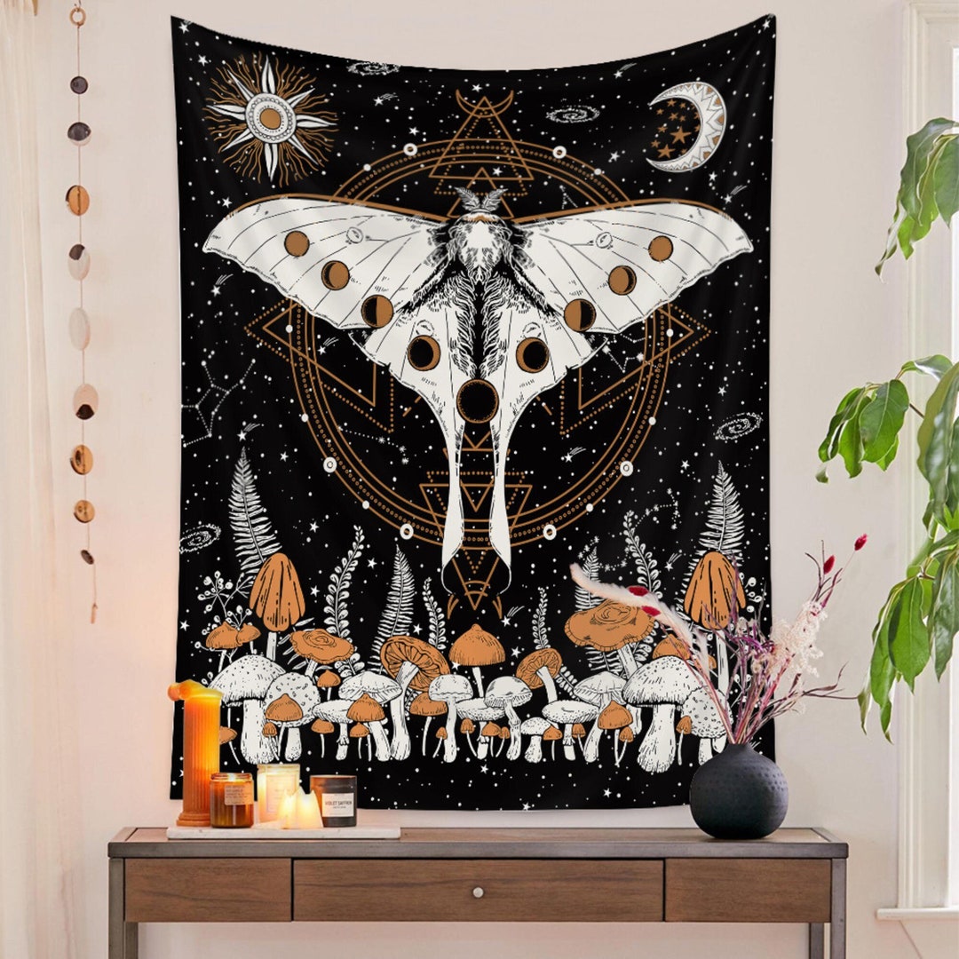 Moth Tapestry, Moon Phase and Stars, Black and White Moon Phase