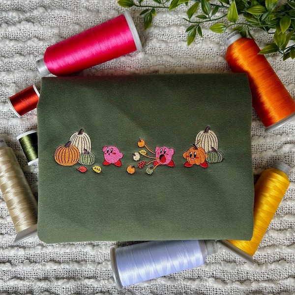 Cute Kirby Fall Pumpkin Embroidered Sweatshirt | Fall Pumpkin Sweater | Cute Embroidered Autumn Sweatshirt