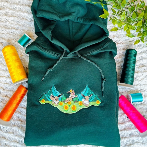 Cute Mountain Eevee Embroidered Hoodie | Spring Eevee Sweatshirt | Cute Embroidered Mountain Sweatshirt