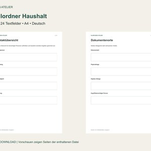 Puede incluir: Una plantilla digital de carpeta de emergencia para el hogar en alemán, con dos páginas A4 con encabezados como Kontaktübersicht y Dokumentenorte, que contiene 24 campos de texto para organizar información personal y ubicaciones de documentos.