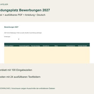 Può includere: Un tracker digitale per candidature a posizioni di apprendistato nel 2027, che include un foglio di calcolo XLSX con 100 righe e un PDF compilabile con 24 campi di testo. Il documento presenta intestazioni per azienda, ruolo e stato.