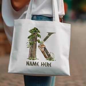Sacola personalizada do alfabeto K, inicial K, inspirada na natureza, sacola de compras reutilizável ecológica, design de letras em tela