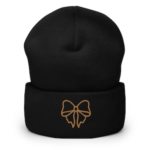 Bow Embroidered Cuffed Beanie, Bow Knit Cap, Embroidered Bow Beanie, Preppy Knit Bow Hat for Girls, Cute Bow Knit Hat Trendy Bow Knit Cap