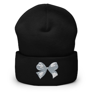 Preppy Embroidered Bow Beanie, Pretty Bow Knit Cap, Cute Bow Hat for Her, Cute Beanie with Bow, Preppy Bow Trendy Hat for Girls, Pretty Bow