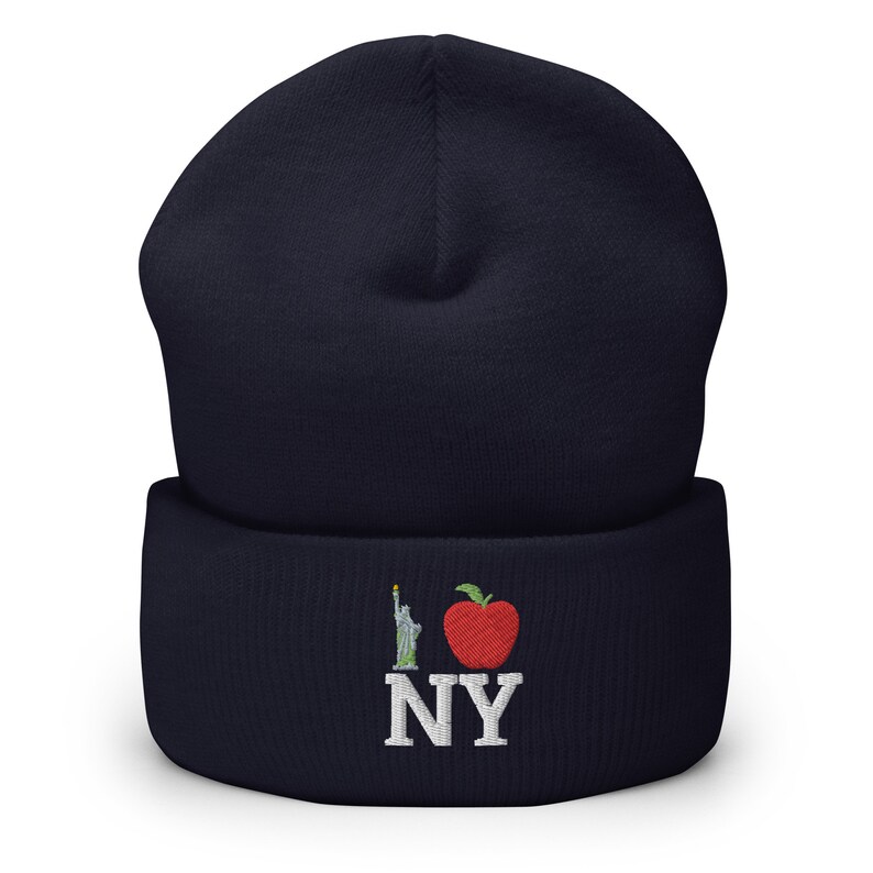 I Love New York Knit Hat, Embroidered New York Cuffed Beanie, Big Apple