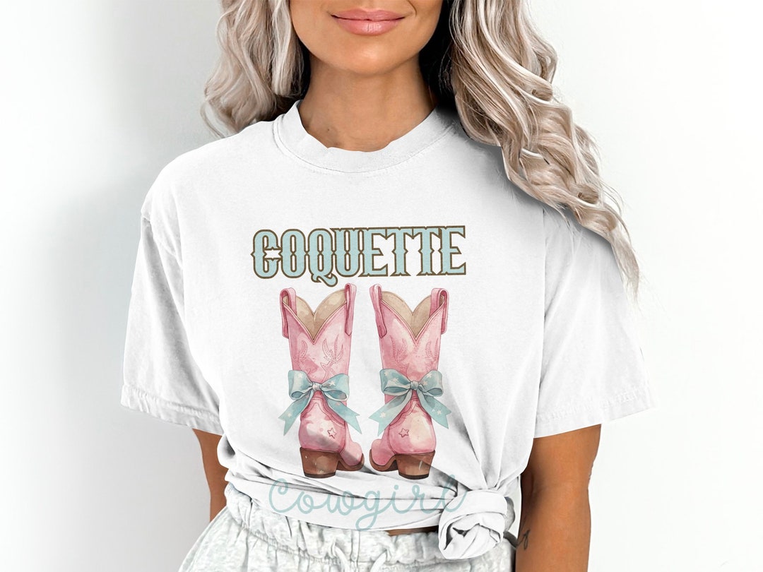Coquette Women's Western Tshirt, Pink Cowboy Boots Graphic, Coquette