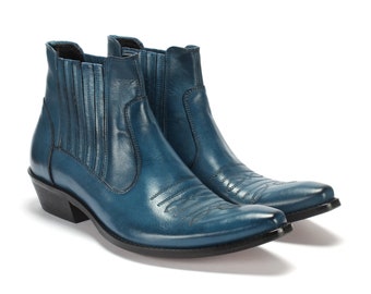 Bottes de cowboy en cuir pour hommes bleues Carlos