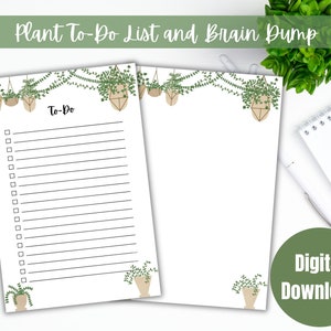 Op de afbeelding: Printbare digitale download van een to-do-lijst en een braindump-sjabloon met een plantenthema. De sjabloon heeft een rand met hangende planten en een to-do-lijst met vinkjes.