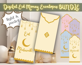 Puede incluir: Un conjunto de sobres digitales imprimibles para dinero de Eid en un esquema de colores claros y pastel. Los sobres presentan una luna creciente, linternas y el texto "Eid Mubarak!" en letras doradas.