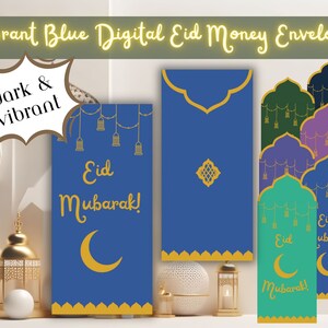 Levendige blauwe digitale eid-geldenvelop | Kleurrijk | Esthetisch | Afdrukken | Islamitisch | Eidi | Leuk | Uniek | Kinderen | Volwassenen | Familie | Klasse: