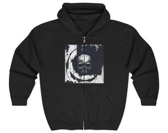 Sudadera unisex negra con capucha y cremallera de calavera vintage para Halloween