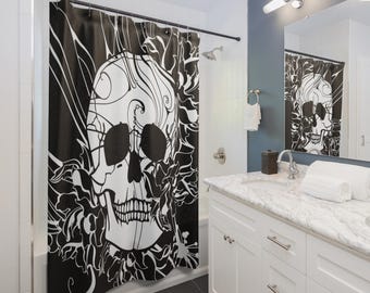 Cortina de ducha con calavera gótica, decoración de baño oscura de lujo, acento gótico opulento para el hogar.
