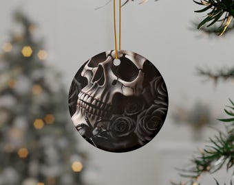 Adorno de cerámica gótico de calavera y rosas: decoración de Halloween de doble cara