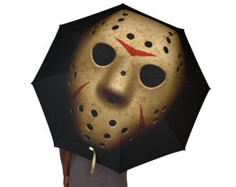 Paraguas con máscara de Jason espeluznante: accesorio para fanáticos del terror gótico