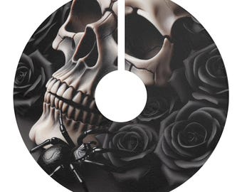Falda para árbol de Navidad con calavera gótica: rosas negras, decoración navideña espeluznante