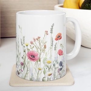 Floral Coffee Mug Wildflower Vintage Meadow Spring Ceramic Mug 11oz