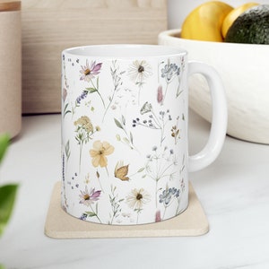 Pressed Flower Coffee Mug: Boho Wildflower Ceramic Tea Cup (11oz)