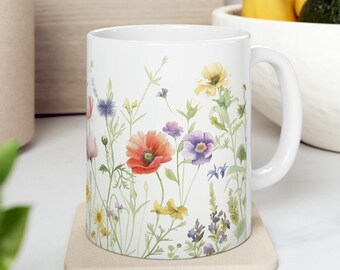 Floral Coffee Mug Wildflower Meadow Spring Ceramic Mug 11oz