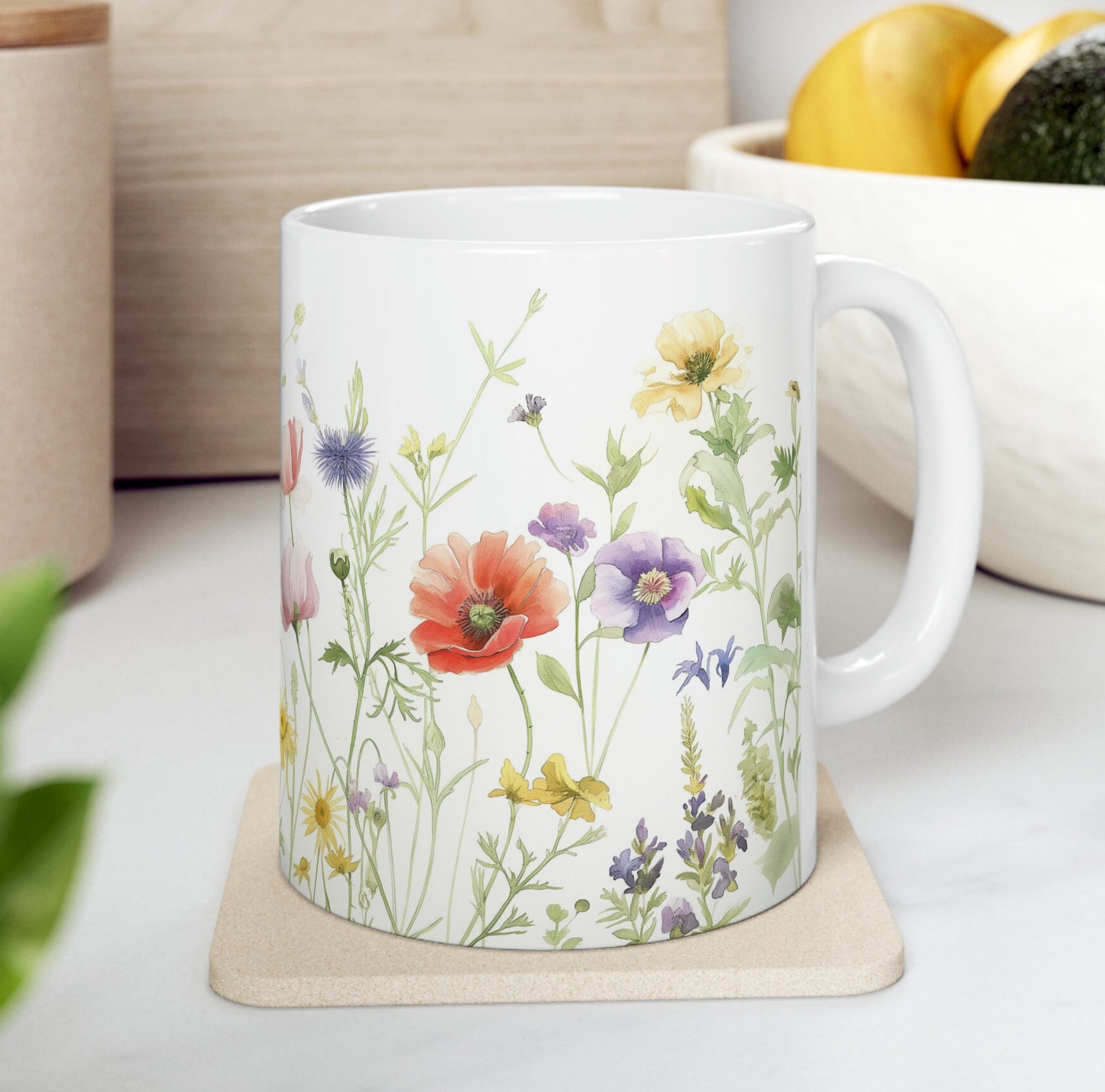 Morning Meadow Blue White Floral Ceramic Coffee Mug – Spring Gift, Dishwasher & Microwave Safe