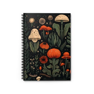 Whimsigoth Mushroom Spiral Notebook: Dark Floral Goblincore Ruled Line