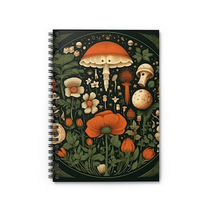 Whimsigoth Mushroom Spiral Notebook: Dark Floral Goblincore Ruled Line