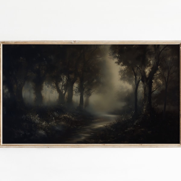 Samsung Frame TV Art Dark Forest Painting Vintage Atmospheric Moody Autumn Forest Landscape Aesthetic 3840 x 2160px 4K Digital Download