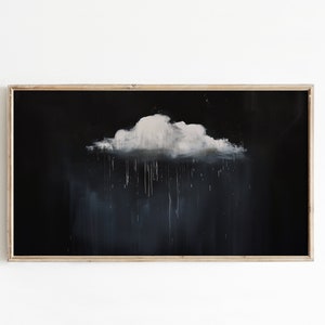 May include: A framed painting of a single white cloud against a black background. The cloud appears to be raining, with white streaks of paint dripping down from the bottom of the cloud.