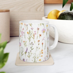Pressed Flower Coffee Mug: Boho Wildflower Ceramic Tea Cup (11oz)