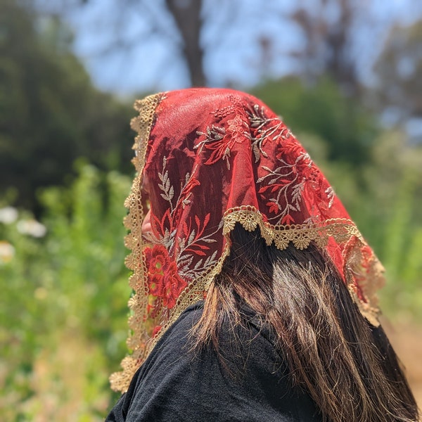 Red with Gold Trim Veil - Triangle Veil/ Prayer Mantilla Veil/ Mass Veil