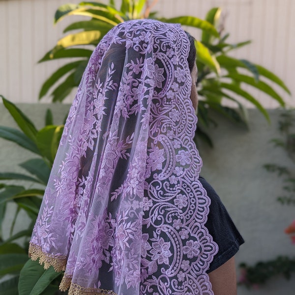 Lilac with Gold Trim Veil- D Shape/ Prayer Veil/ Mass Veil