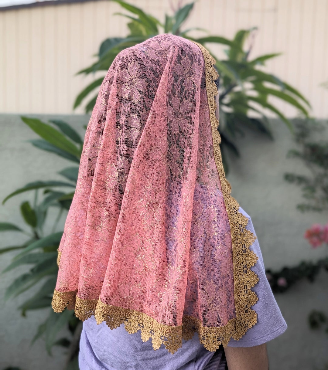 Peach With Gold Trim Veil D Shape/ Prayer Veil/ Mass Veil Etsy