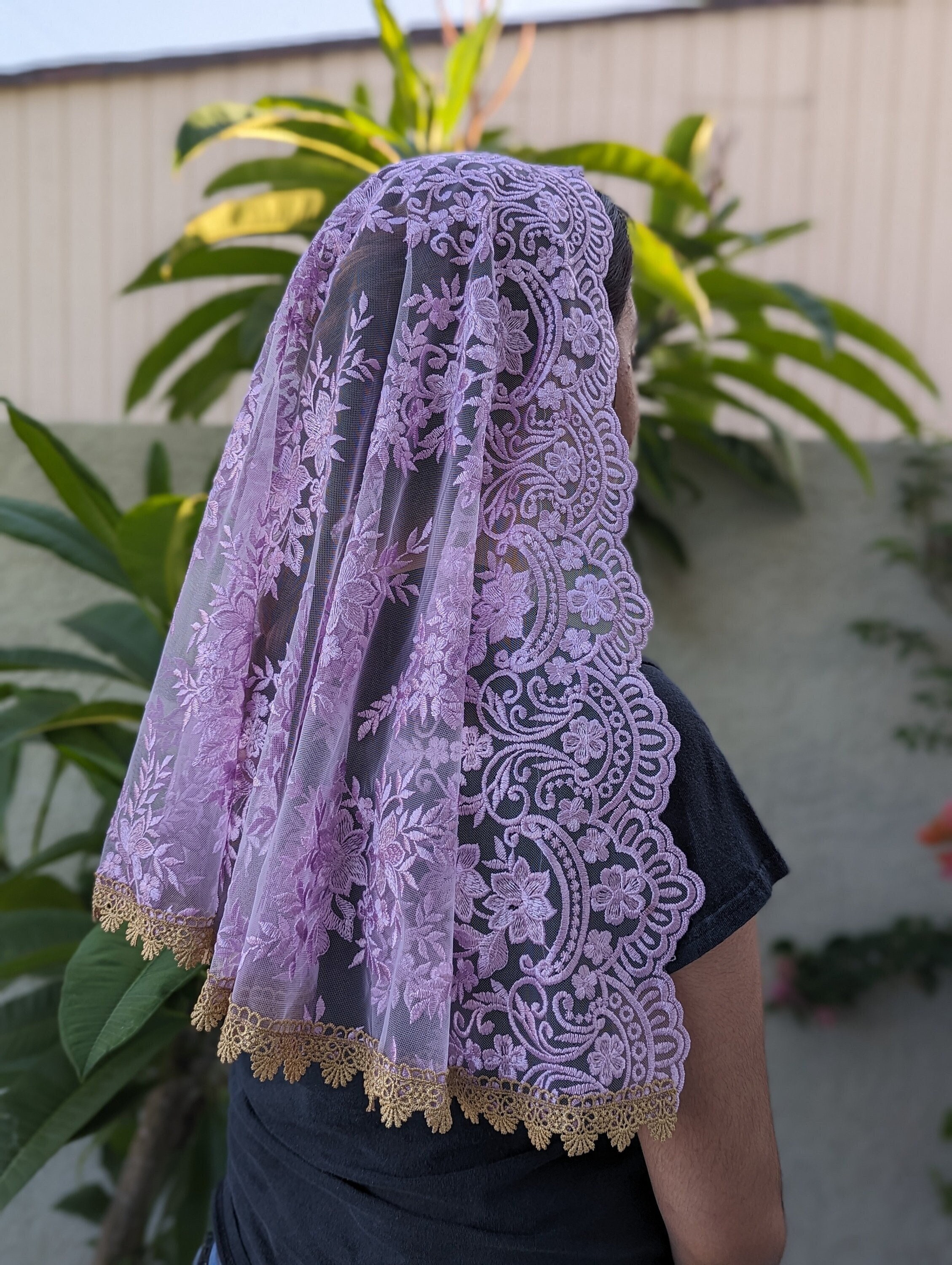 Lilac With Gold Trim Veil D Shape/ Prayer Veil/ Mass Veil Etsy