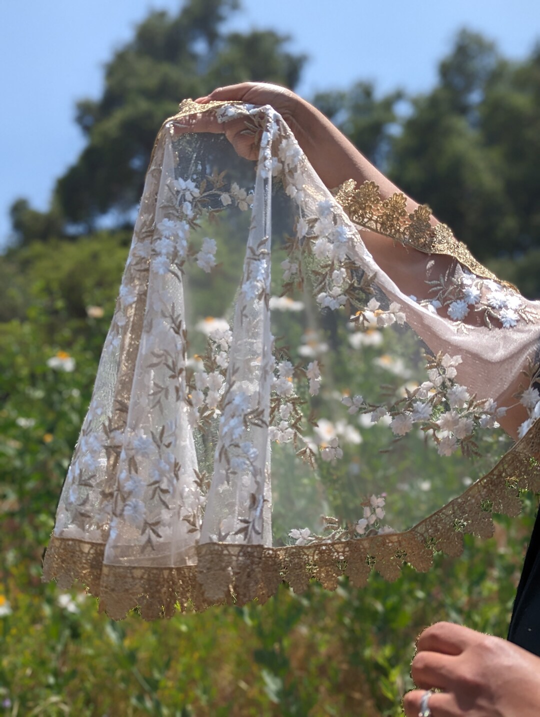 White With Gold Trim Veil D Shape Veil/ Prayer Veil Etsy