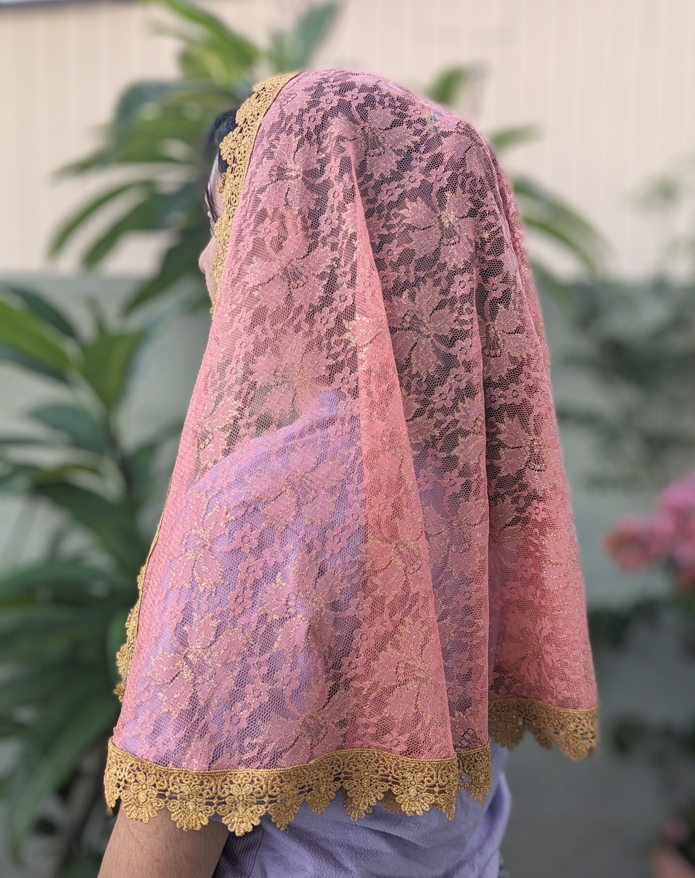 Peach With Gold Trim Veil D Shape/ Prayer Veil/ Mass Veil Etsy