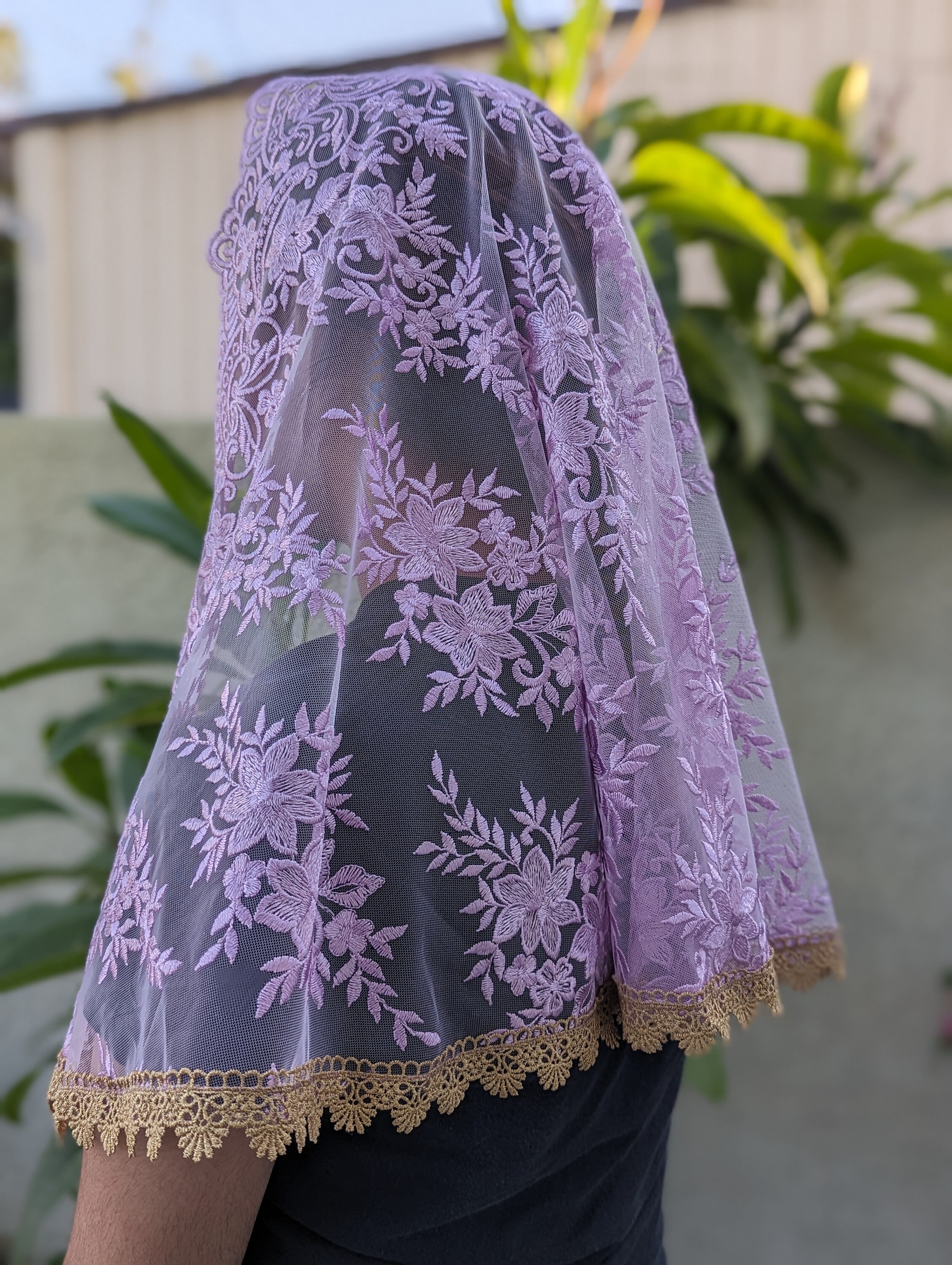 Lilac With Gold Trim Veil D Shape/ Prayer Veil/ Mass Veil Etsy