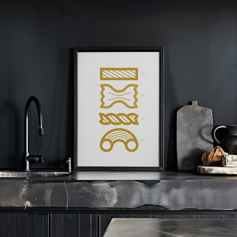May include: A black framed print with a white background and gold illustrations of different types of pasta. The pasta shapes are labeled with their names.