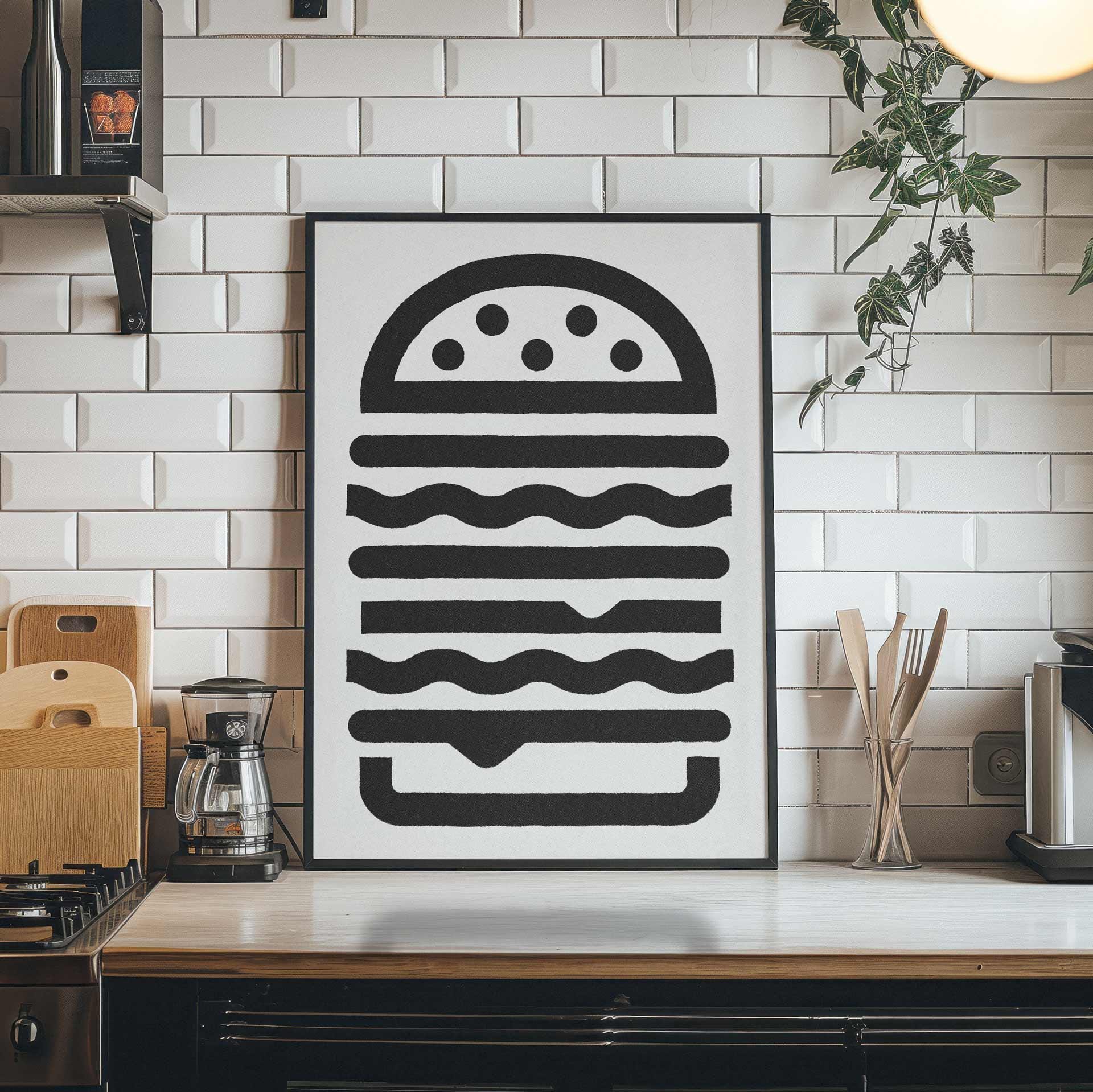 Burger Poster Food Wall Art Kitchen Minimal Poster Black and White ...