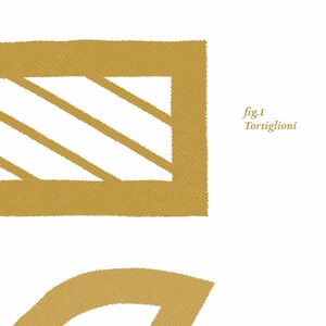 May include: A gold illustration of a type of pasta called Tortiglioni. The illustration is labeled "fig. 1 Tortiglioni".