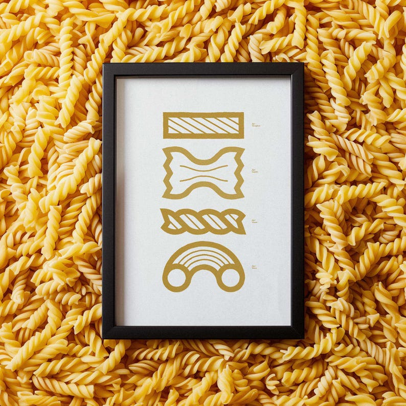 May include: A black framed print with a white background and gold illustrations of different types of pasta. The illustrations include a long noodle, a bowtie pasta, a twisted noodle, and a curved noodle.
