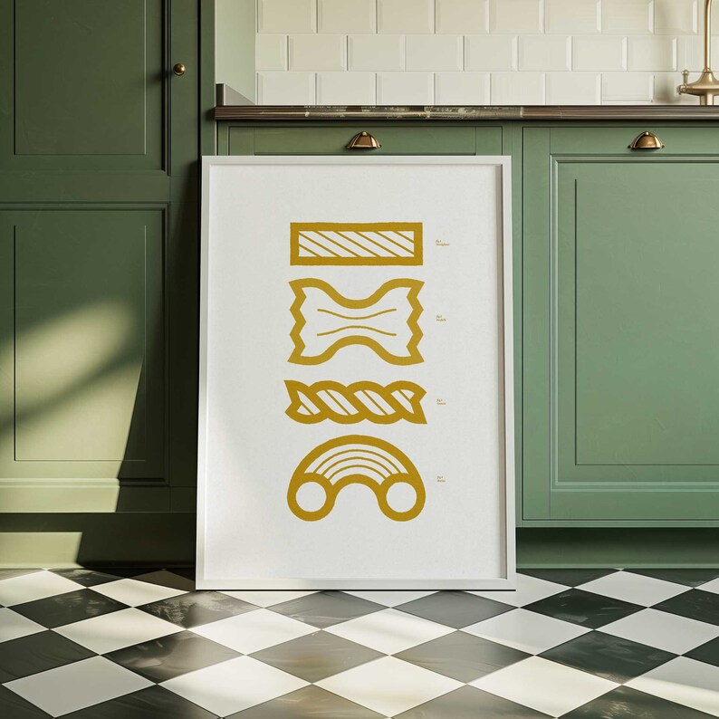 Clean minimal poster depicting different italian pasta types arranged neatly. Golden color on white background.