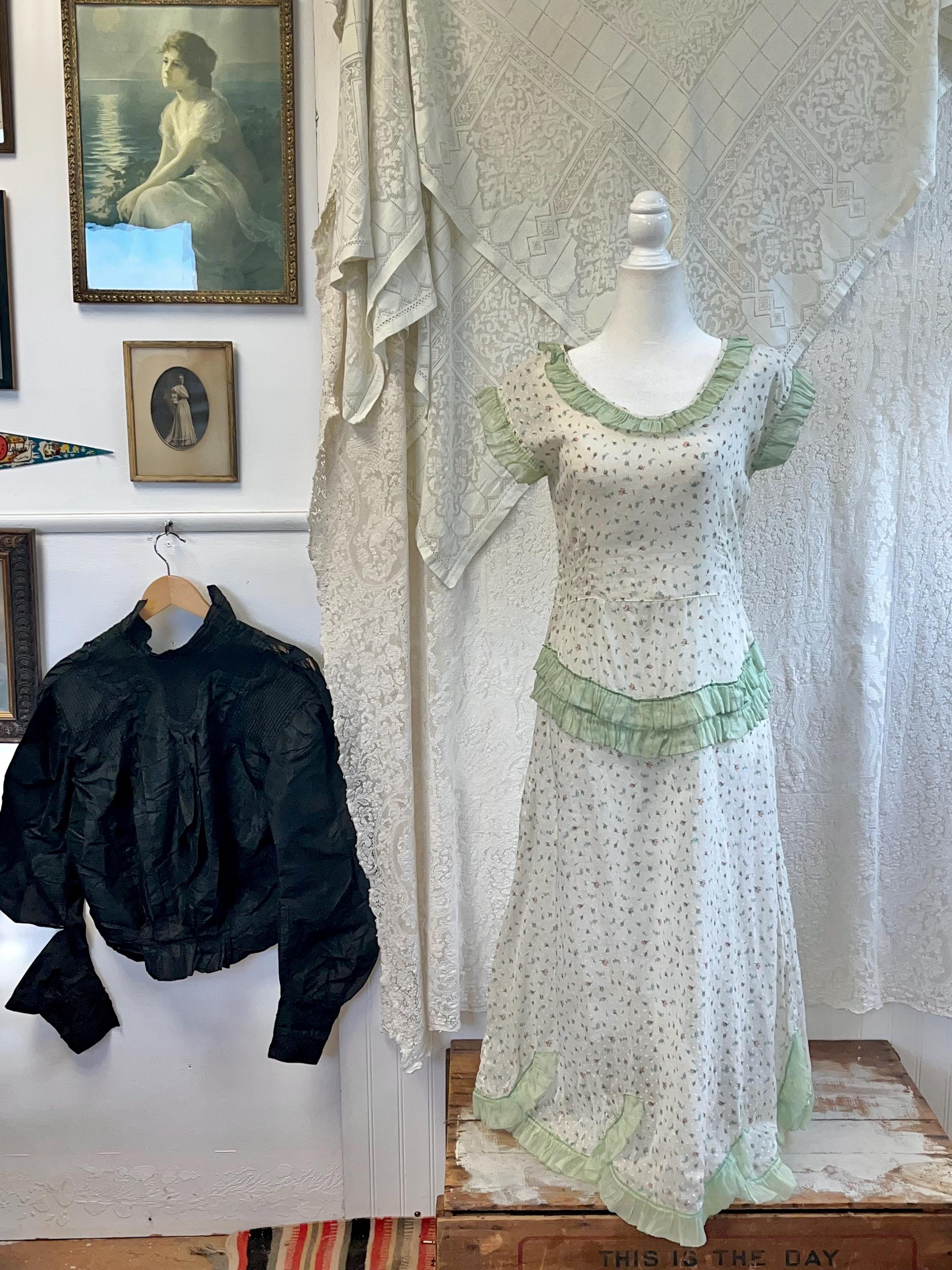 Antique 1920's Sheer Cotton Voile Day Dress With Green Organdy
