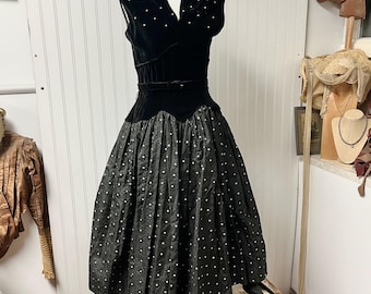 Vestido vintage de terciopelo negro y tafetán Starburst de los años 50